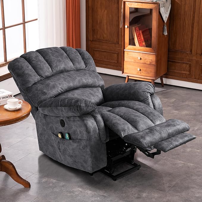 VIVIJASON Large Power Lift Recliner Chair with Heat & Massage for Elderly Big People, Overstuffed Wide Electric Lift Chair with Extended Footrest, 2 Remote Controls, Side Pockets & USB Ports, Gray