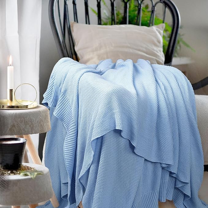 PiccoCasa 100% Cotton Knit Throw Blanket,Solid Lightweight Decorative Throws and Blankets,Soft Knitted Throw Blanket for Sofa Couch, Pale Blue 50" x 60"