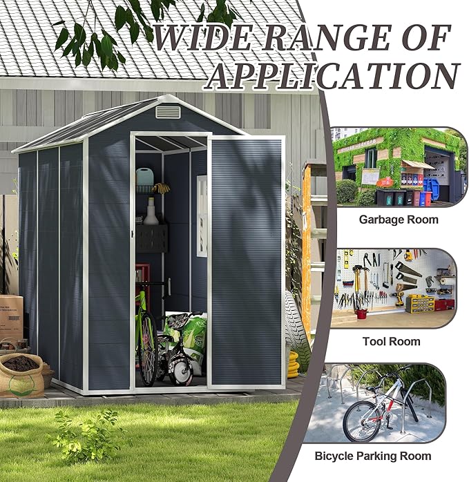 8x4 FT Outdoor Storage Resin Shed with Floor, Plastic Garden Tool Shed with Sloped Roof, Lockable Door & Windows, Easy to Assemble Bike Shed for Lawn, Backyard, Patio, Black