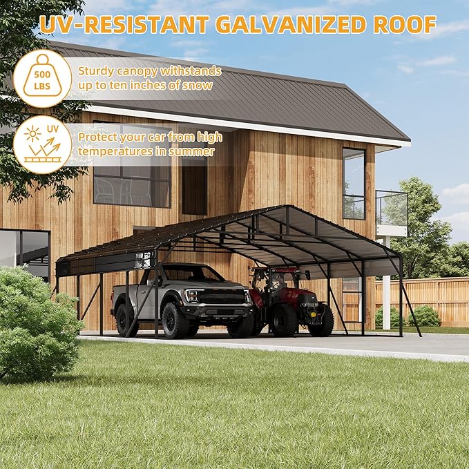 20x20FT Metal Carport Kits with Galvanized Steel Roof, Heavy Duty Metal Roof Carport with Enhanced Base, Tall MetalCarport Kits Garage for Tractors, Pickup, Boat, Car