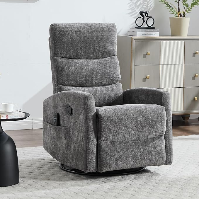 PELUMY Massage Recliner Chair with Heat - Manual Rocker Swivel Recliner, 360° Rotation & 155° Recline for Living Room（Linen Fabric, Grey）