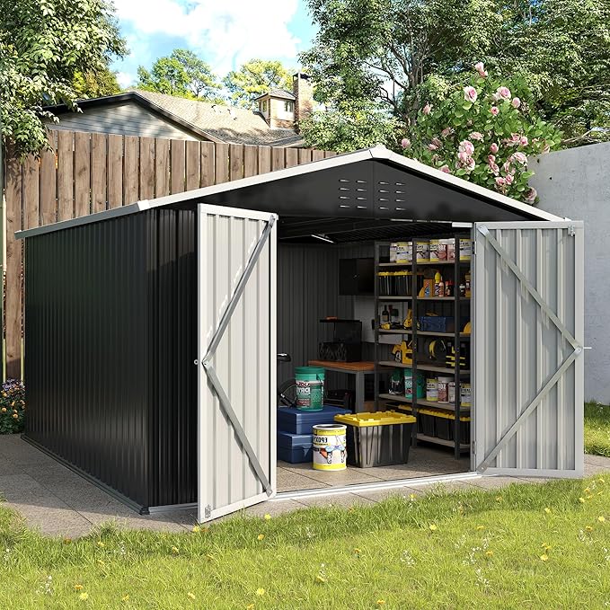 UDPATIO Outdoor Storage Shed 10x12 FT, Outside Sheds & Outdoor Storage Metal Galvanized Steel Yard, Patio, Lawn, Tool Shed with Lockable Door for Can, Bike, Lawnmower, Generator,Dark Grey