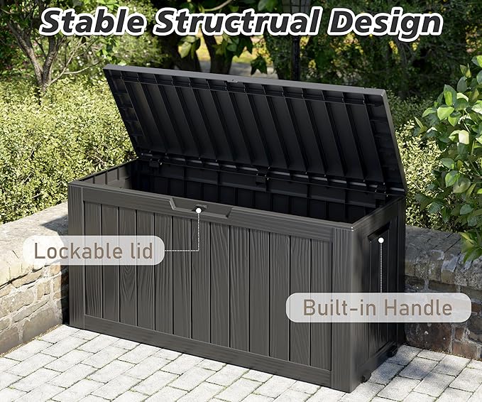 75 Gallon Outdoor Storage Box, Waterproof Resin Deck Box with Lockable Lid, Patio Furniture Side Table & Storage Bin for Package Delivery, Patio Cushions, Garden Tools, Pool Accessories, Black