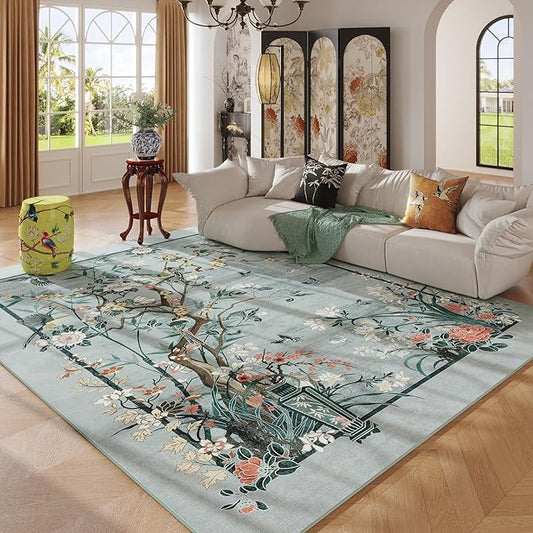 5x7 Area Rugs Chinoiserie-Style Floral Vintage Large Washable Rug Non Slip Low Pile for Living Room, Bedroom, Farmhouse, Dining Room, Kids Playroom, Blue