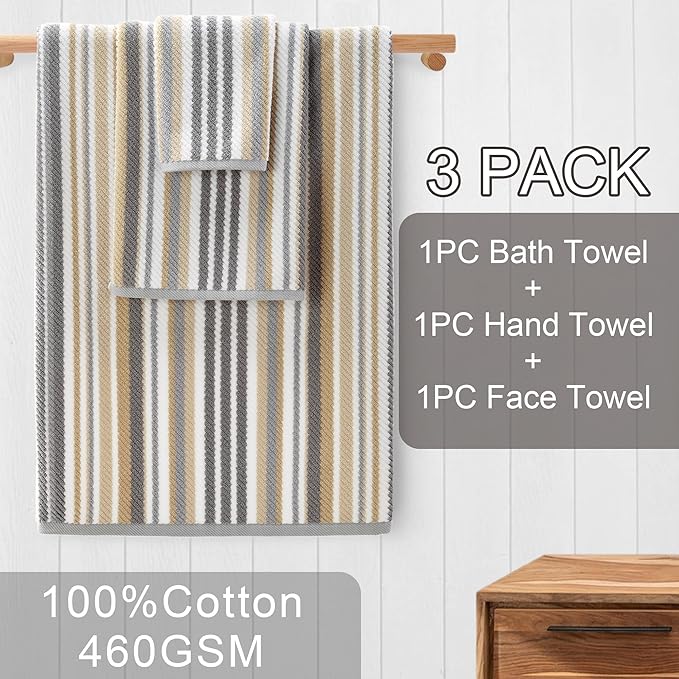 Cotton Towels Set of 3, 3PC Striped Towels - 100% Cotton & Quick Dry - 1 Soft Bath 28"x52", 1 Absorbent Hand 16"x27", 1 Lightweight Washcloth 13"x13", Tan Body Towel with Hanging loop, Gray + Beige