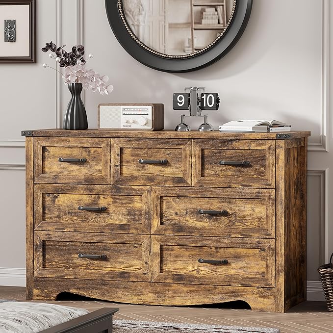 Dresser for Bedroom with 7 Drawers, 48" Wide Wood Chest of Drawers with Deep Drawers & Mental Handle, Modern Dresser TV Stand, Wooden Closet Storage Organizer for Living Room, Hallway, Entryway, Brown