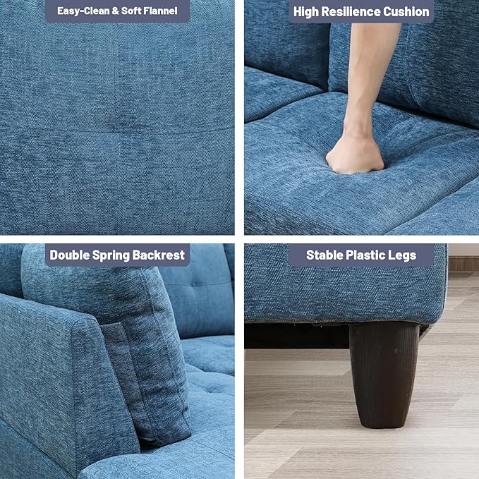 L-Shape 3-Piece Cloud Sofa, Couch for Living Room, Blue Flannel Fabric L-Shape with Reversible Chaise & Storage Ottoman, Ergonomic 110–115° Recline, Solid-Wood Frame