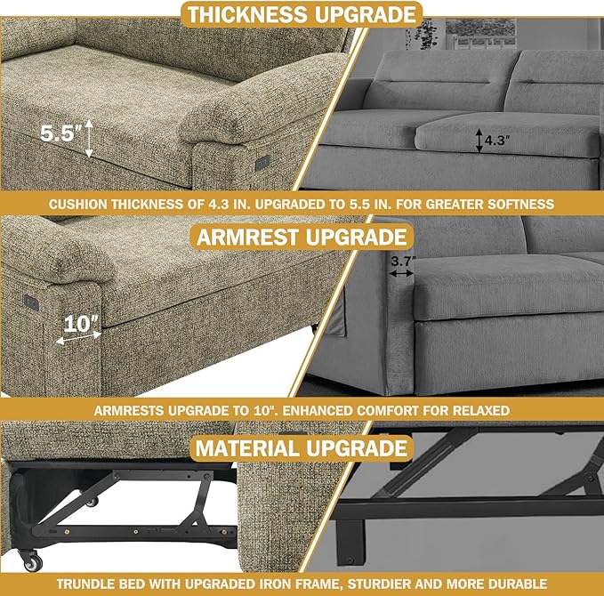 Vipbear 3-in-1 Convertible Sofa Bed, Pull Out Sleeper Sofa with USB Charging Station & Adjustable Backrest, Loveseat with Side Pocket for Living Room, Apartment, Tool-Free Assembly, Chenile Light Grey