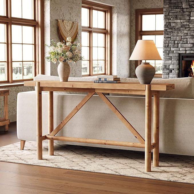 Solid Wood Console Table for Entryway, 63" Long Farmhouse Entryway Sofa Table for Living Room, Wooden Narrow Console for Hallway, Foyer, Entrance (Rustic Brown)