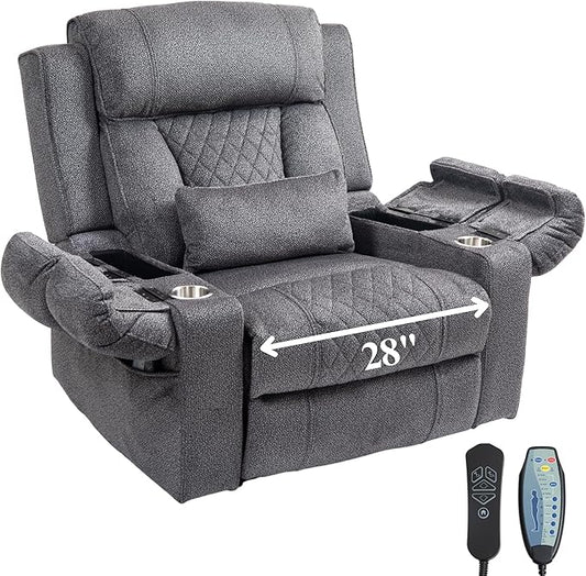 Big Man Power Lift Recliner for Elderly Adults 28 Inch Wide Seat, Lay Flat Lift Chair with Heat Massage, Flip Arm Storage Cup Holders, USB Type C Charging (Grey Chenille)
