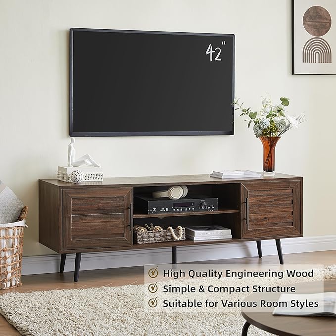 EDYO LIVING Mid Century Modern TV Stand for 65" TV, Wood TV Stand with Storage Cabinet and Open Shelf, Entertainment Center, TV Console Table for Living Room, Dark Walnut