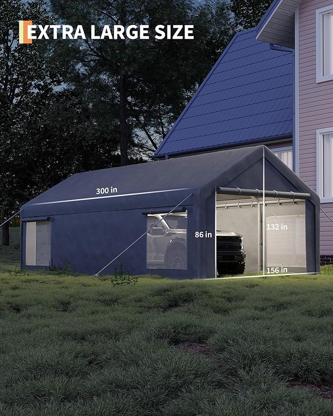 13x25 Ft Carport with 10 Sandbags, Car Port with 220g PE Tarp, 2 Roll-Up Doors, and 4 Windows, for Full-Size Pickups, Bass Boats, Tractors, and SUVs, Gray