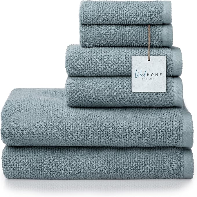 Welhome Franklin 100% Cotton Popcorn Textured Towel Set - 6 Piece 600 GSM, Soft & Plush, 2 Bath Towels, 2 Hand Towels, 2 Washcloths, Dusty Blue