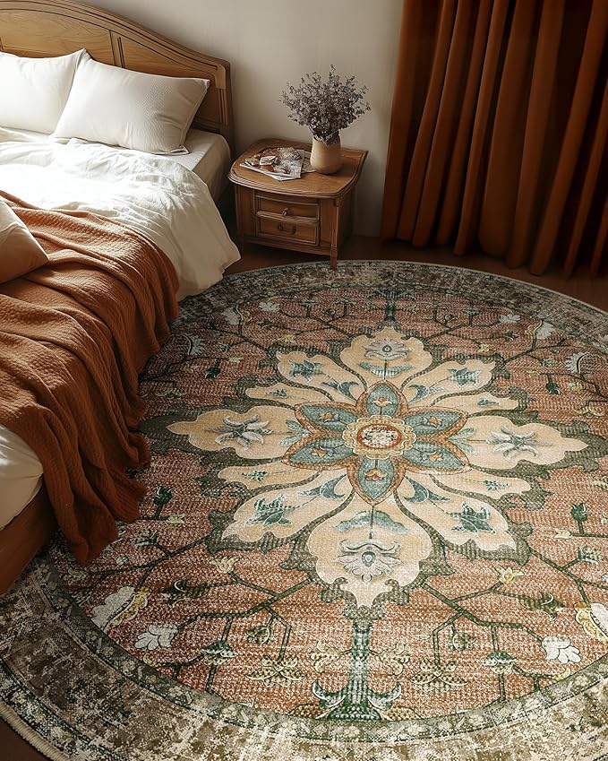 Area Rugs 8ft Washable Non-Slip, Floral Vintage Distress Print Pattern Medallion Carpet for Living Room Bedroom Dining Room, Brick Red Rust Neutral Brown Burnt Orange Green