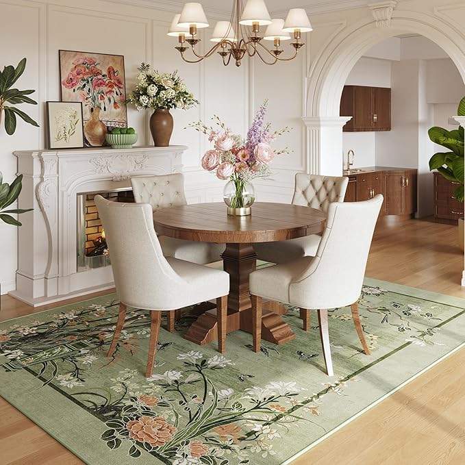 5x7 Area Rugs Chinoiserie-Style Floral Vintage Large Washable Rug Non Slip Low Pile for Living Room, Bedroom, Farmhouse, Dining Room, Kids Playroom, Green