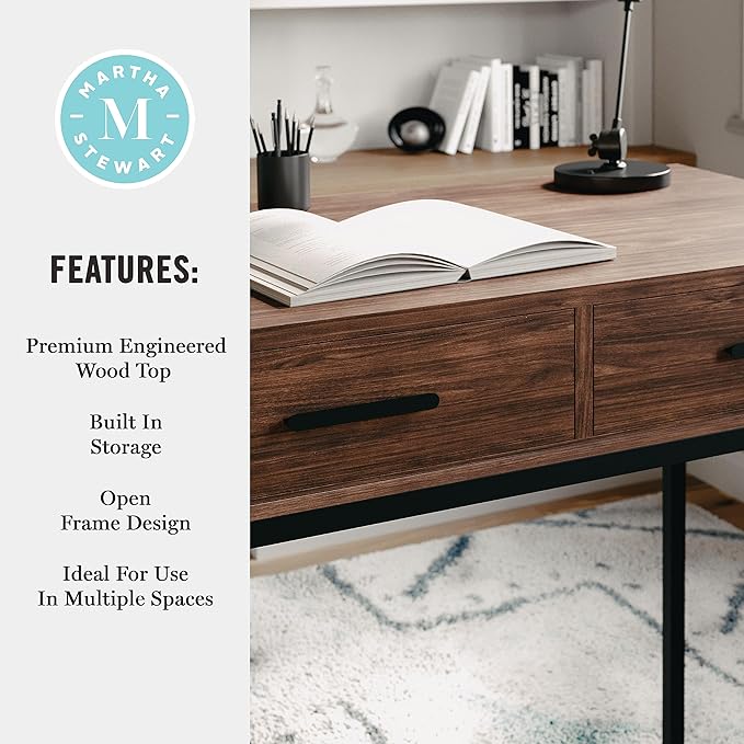 Martha Stewart Ollie Home Office Desk with 3 Drawers in Walnut Wood Grain with Oil Rubbed Bronze Hardware