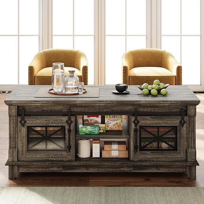 IRONCK 48'' Coffee Table with Sliding Barn Doors, Rustic Center Table with 6 Large Storage Space, Glass Doors and Adjustable Middle Shelf, Farmhouse Coffee Tables for Living Room, Meeting Room