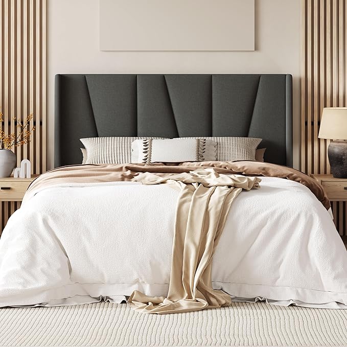 Allewie Queen Size Platform Bed Frame with Geometric Wingback Headboard, Modern Upholstered Bed with Wooden Slats Support, No Box Spring Needed, Easy Assembly, Dark Grey