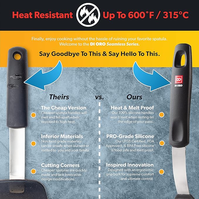 DI ORO Silicone Fish Spatula - for Nonstick Cookware - Fish Turner Spatula 600°F Heat-Resistant BPA Free - Slotted for Cooking - Non Stick Thin Egg Flipper (Black)