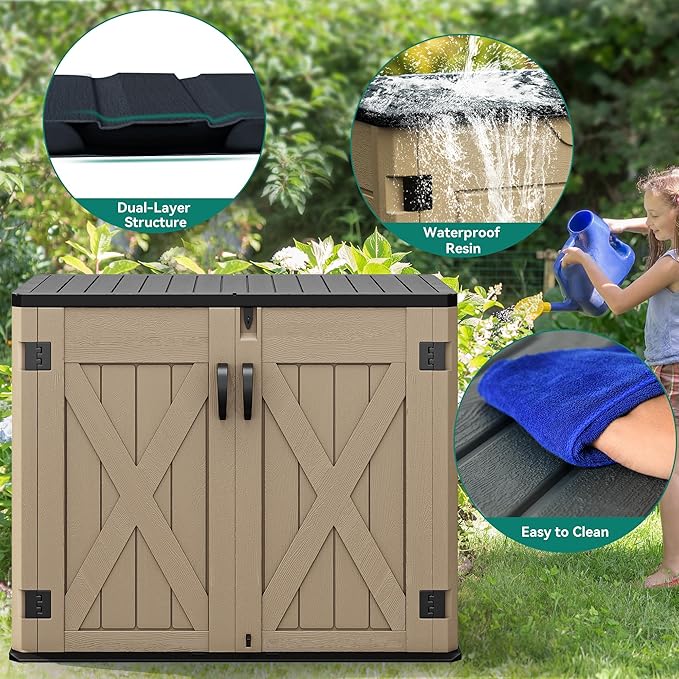 YITAHOME Outdoor Horizontal Storage Shed with X-Shaped Lockable Door, 35 Cu Ft Weatherproof Resin Tool Shed w/o Shelf, Ideal for Bike, Trash Cans, Garden Tools, Lawn Mowers, Brown