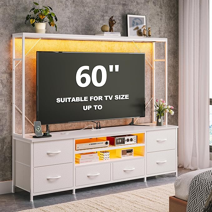 TV Stand for 55 60 inch TV, Large Wall Unit Entertainment Center with LED Lights & Power Outlets, TV Stands for Living Room, Closet, Entryway,13.8" D x 55" W x 61" H, White