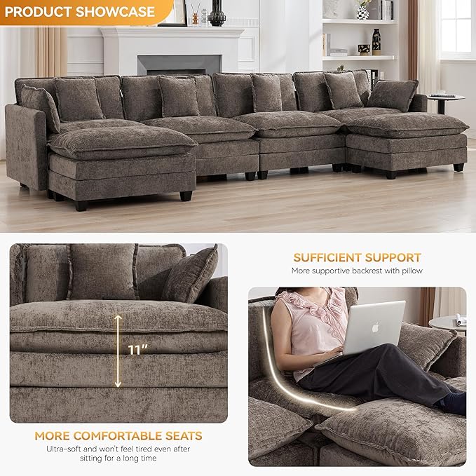 147'' Sectional Cloud Deep Seat Couch, Oversized Chenille U Shaped Sectional Sofa for Living Room Set, Comfy Upholstered Modular Sectional Sofa Couch with Movable Ottoman, Brown