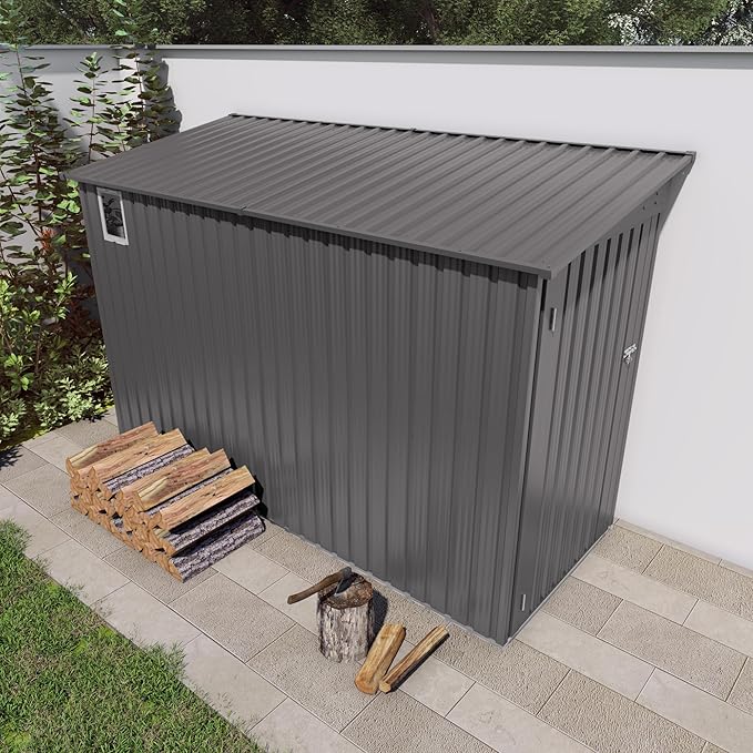4x9 ft Lean to Shed, Outdoor Storage Shed with Lockable Single Door and Window, Metal Storage Sheds with Sloping Roof and 2 Vents, Outside Garden Tool Sheds for Backyard, Patio (Grey)