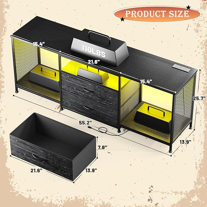 55" W TV Stand for Bedroom with LED Lights & Power Outlets Dresser TV Stand with 2 Drawers for 65" TV with Open Storage Shelves