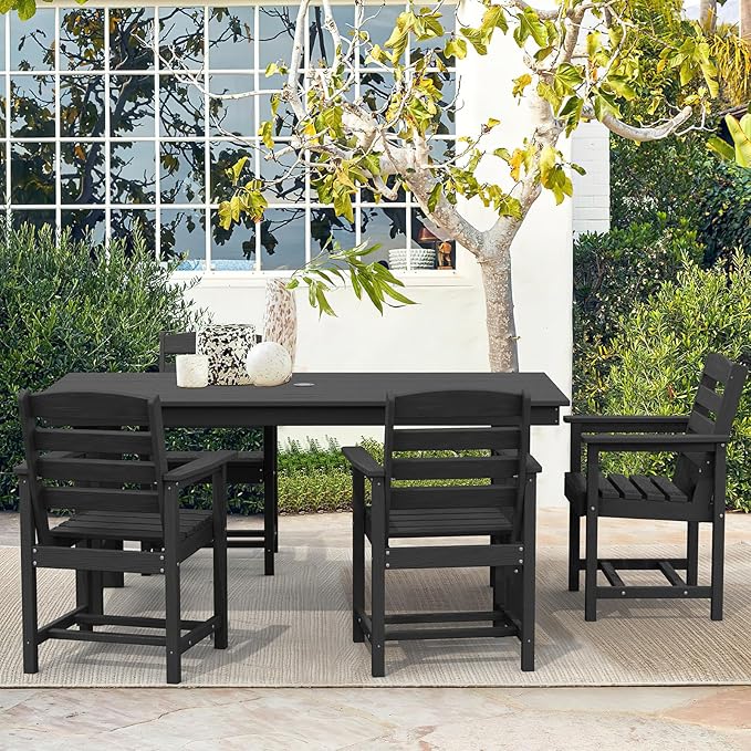 SERWALL Patio Dining Table Sets 5-Piece, Outdoor HDPE Dining Furniture Set with Umbrella Hole Cut-Out Table and 4 Chairs, All Weather Dining Set for Lawn, Garden, Backyard, Poolside, Black