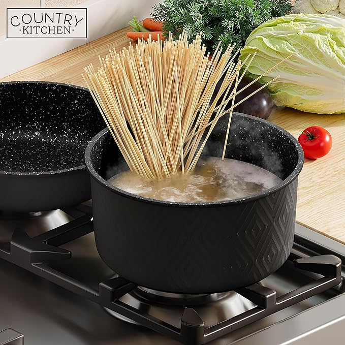 Country Kitchen Cookware Set with Removable Handle, Oven & RV Safe Pots and Pans Set, Black Rhombus, Original