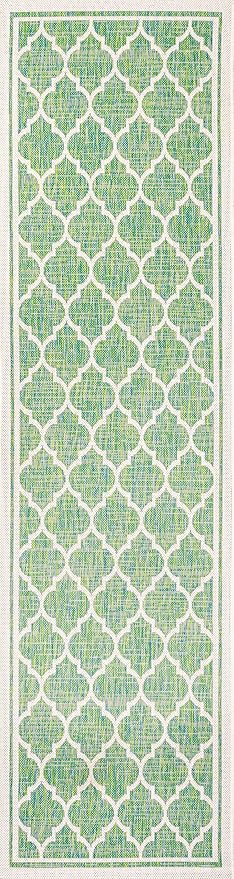 Eyely BMS109I-28 Santa Monica Trebol Moroccan Trellis Textured Weave Indoor/Outdoor Runner Rug Coastal;Bohemian, Bedroom, Backyard, Patio, Easy-Cleaning, Non-Shedding, 2 X 8, Cream/Green
