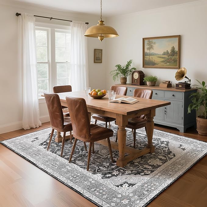 Living Room Rug 6x9 Rug, Machine Washable Area Rug Non Slip Low Pile Vintage Rug for Living Room, Bedroom, Farmhouse, Dining Room, Kids Playroom, Grey