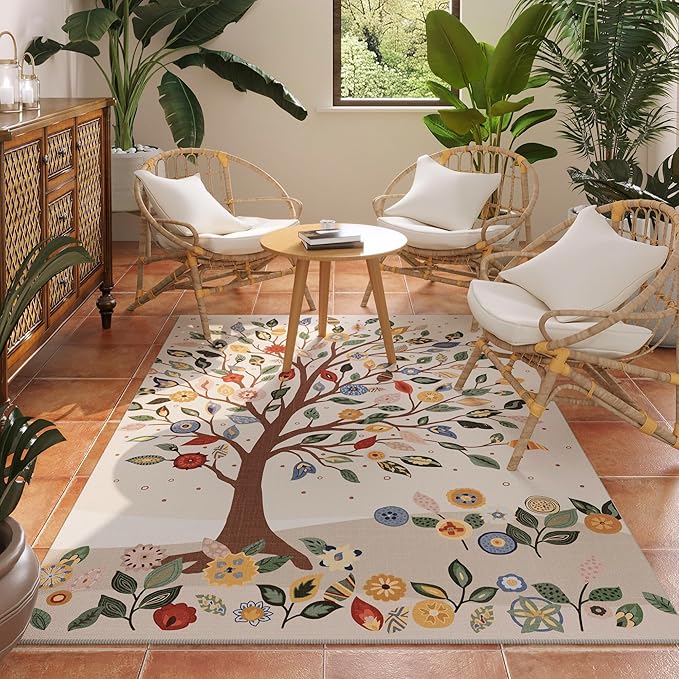 Area Rug 4x6 Rug Washable Bohemian Rugs Non Slip Low Pile Floral Tree Small Carpet for Bedroom, Bedside, Kids Room, Office, Dining Room, Beige