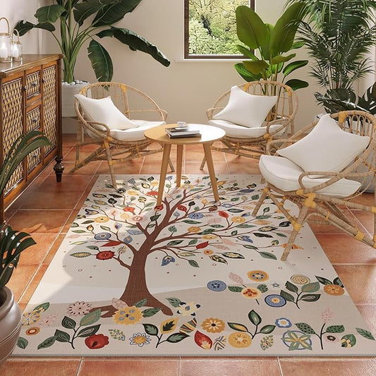 Area Rug 4x6 Rug Washable Bohemian Rugs Non Slip Low Pile Floral Tree Small Carpet for Bedroom, Bedside, Kids Room, Office, Dining Room, Beige