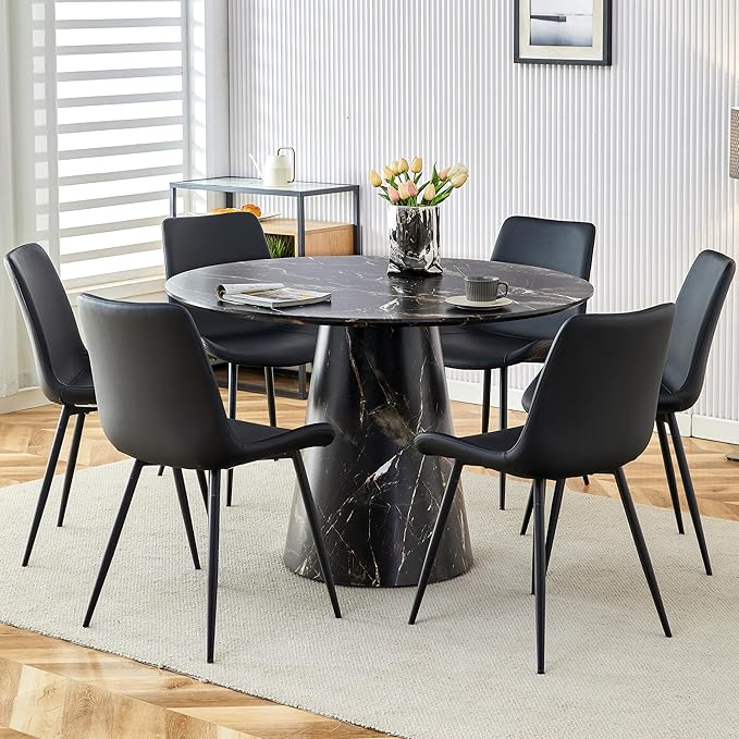 45 Inch Round Dining Table Set for 6, 7 Piece Kitchen Table and Chairs Set, White Faux Marble Table Top, Small Space Dining Set for Apartment or Dining Room