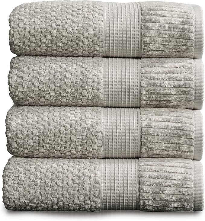 NY Loft 100% Cotton Bath Towel 4 Pack | Super Soft & Absorbent Quick-Dry Bath Towels 30" x 52" |Textured and Durable Cotton | Trinity Collection (4 Pack Bath Towel, Quiet Grey)