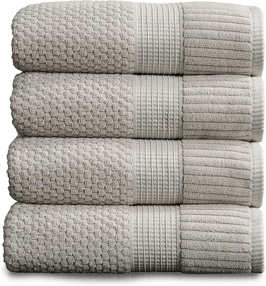 NY Loft 100% Cotton Bath Towel 4 Pack | Super Soft & Absorbent Quick-Dry Bath Towels 30" x 52" |Textured and Durable Cotton | Trinity Collection (4 Pack Bath Towel, Quiet Grey)