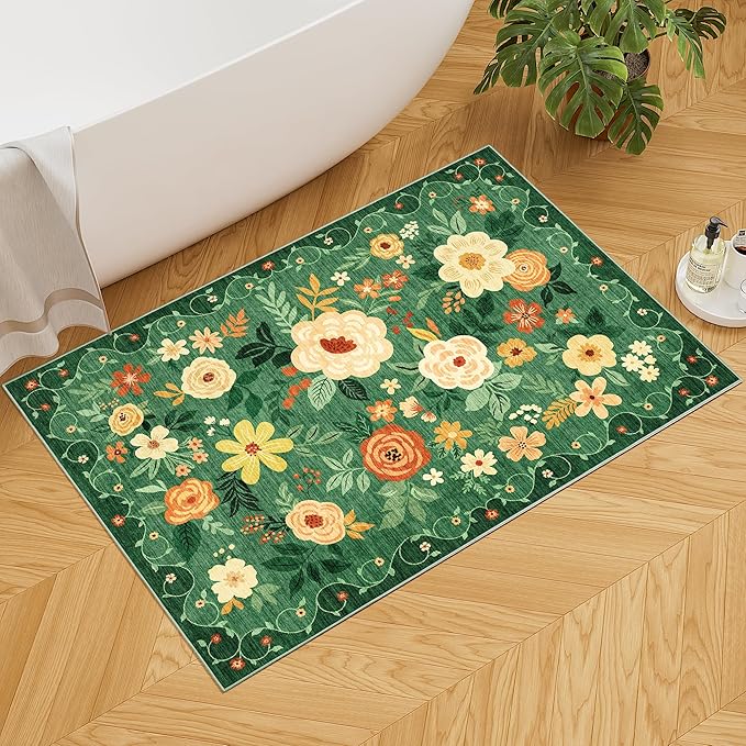 DUKINO 2x3 Rugs for Entryway, Floral Indoor Washable Door Mat, Non Slip Boho Small Rug for Kitchen, Soft Low Pile Front Door Throw Rug for Entrance, Bedroom, Kitchen, Laundry, Bathroom, Dark Green