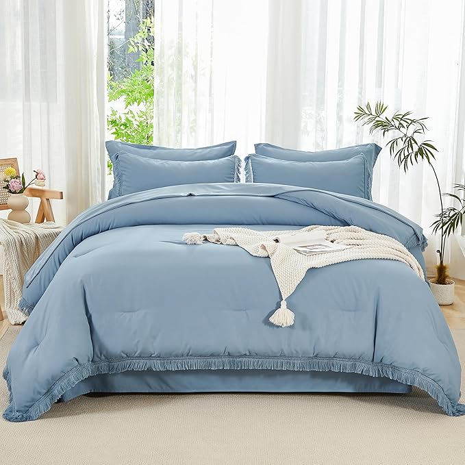 Andency Queen Comforter Set with Sheets Grayish Blue -7 Pieces Boho Tassel Bed in a Bag Soft Lightweight Bedding Sets, All Season Fringe Bed Set with Comforter, Sheets, Pillowcases & Shams