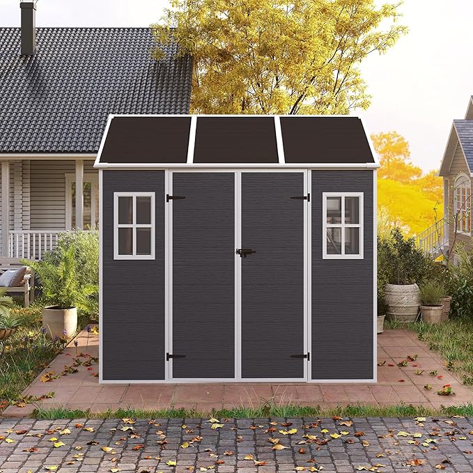 8x7 FT Outdoor Storage Resin Shed with Floor, Waterproof Plastic Garden Tool Shed with Windows, Vents & Lockable Door and Sloped Roof, Easy to Assemble Bike Shed for Patio, Backyard, Lawn, Black