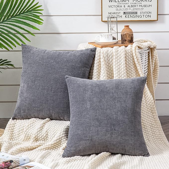 GAWAMAY Decorative Square Throw Pillow Covers 22"x22" Inch Set of 2, Super Soft Chenille Pillows Farmhouse Fall Pillowcase for Living Room Bedroom Sofa Couch Cushion Cover Grey 55x55cm (No Insert)