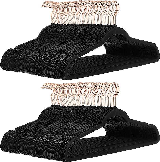 Amazon Basics Slim, Velvet, Non-Slip Suit Clothes Hangers, Black/Rose Gold - Pack of 100