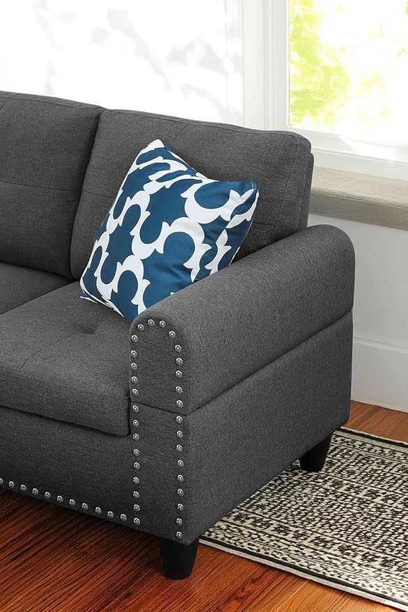 98 Inch L Shaped Sectional Sofa with Chaise Lounge, Storage Ottoman and 2 Pillows, 4-Seaters Linen Upholstered Tufted Couch w/Cupholder & Nailhead Trim for Living Room, Office, Dark Gray