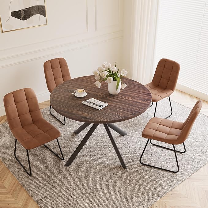 45.3 Inch Round Dining Table Set for 4, Mid Century Modern Small Coffee Set for Dining Room Kitchen Apartment (Walnut Table + 4 U-Shaped Brown Chairs)