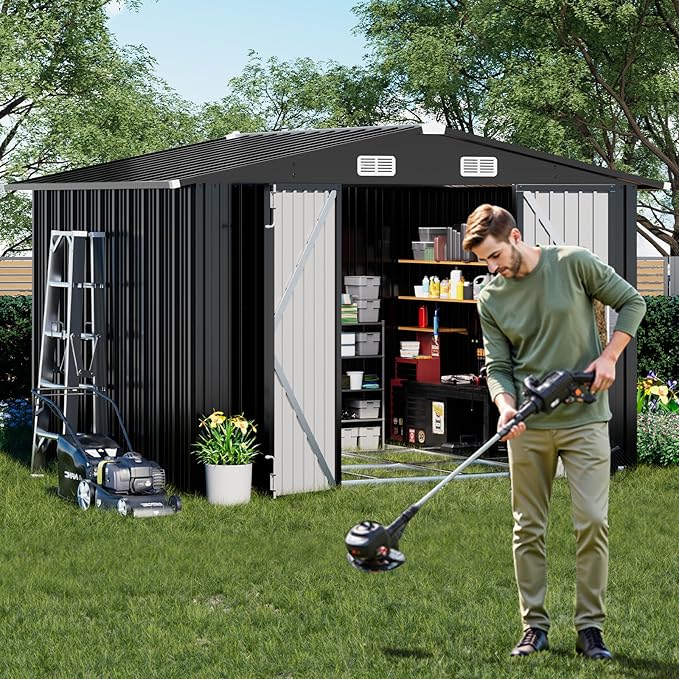 COMHOMA Shed Outdoor Storage Shed Metal,Lockable Doors Tool Sheds with Sloping Roof,Steel Garden Shed with Air Vent for Backyard,Patio,Lawn,Poolside (Grey, 10'*8'/Base)