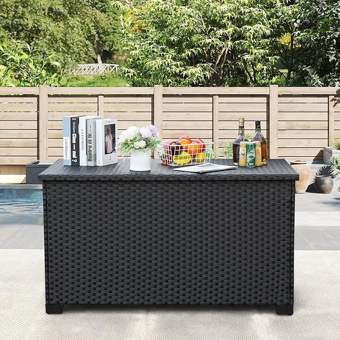 150 Gallon Patio Storage Bin with Waterproof Lining Bag Large Deck Storage Box Patio Storage Box Cushion Storage Bin Outdoor, Black Wicker