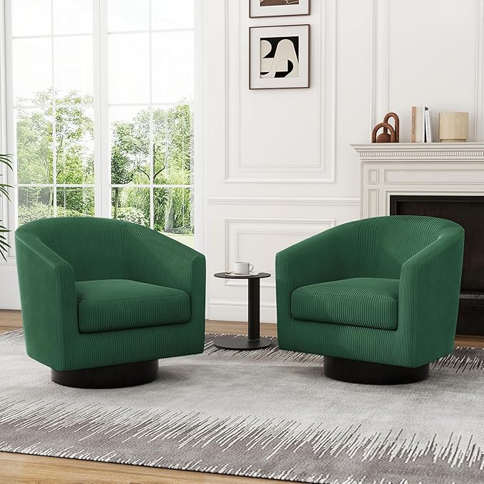 UIXE Swivel Accent Chair, Upholstered Corduroy Barrel Chair for Living Room, Small Single Sofa Bedroom Reading Seat, Set of 2, Dark Green