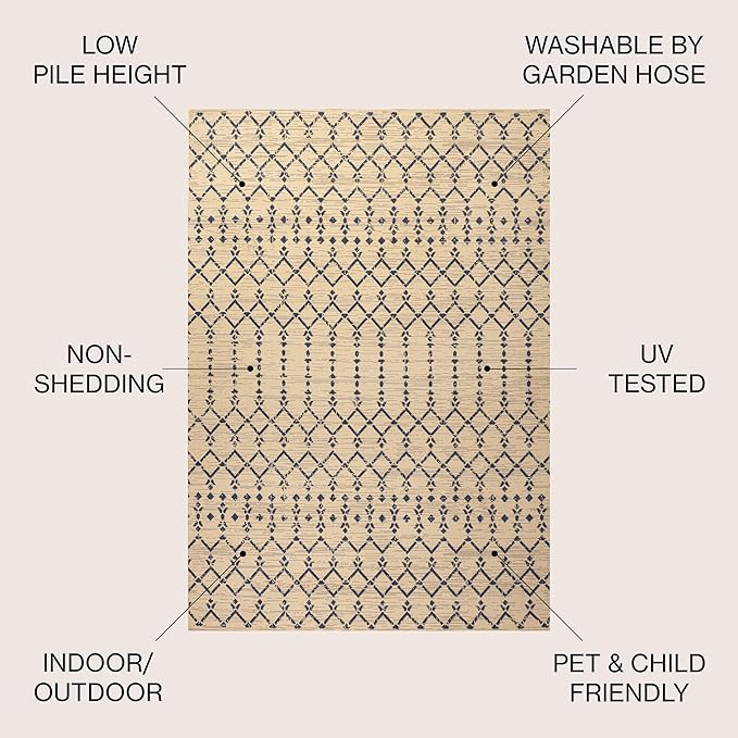 JONATHAN Y SMB108H-5R Ourika Moroccan Geometric Textured Weave Indoor Outdoor Area Rug, Coastal,Traditional,Transitional Easy Clean,Bedroom,Kitchen,Backyard,Patio, Non-Shed, Beige/Navy, 5' Round