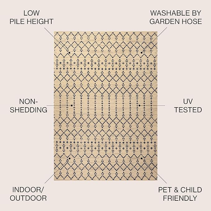 JONATHAN Y SMB108H-4SQ Ourika Moroccan Geometric Textured Weave Beige/Navy 4' Square Indoor/Outdoor Area Rug, Pet Friendly, Non-Shedding, Stain Resistant, Easy-Cleaning for Backyard, Patio, Porch