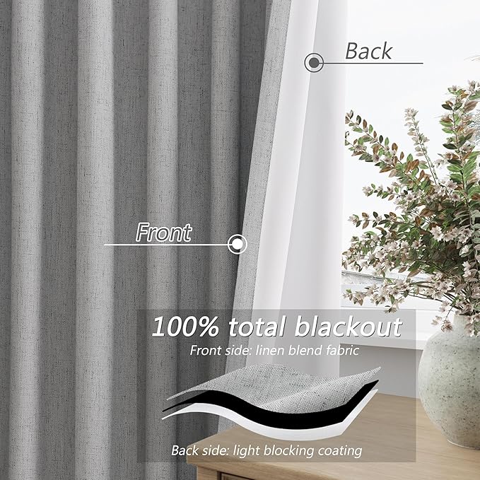 Sliver Grey Blackout Curtains 96 Inch Length 2 Panels Set for Living Room Bedroom Back Tab Thermal Insulated 100% Black Out Linen Drapes Room Darkening Window Curtains 96 Inches Long Sliver Grey